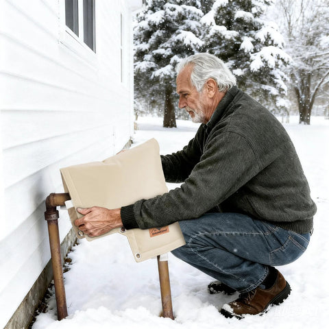 Beige insulated backflow cover installed on outdoor irrigation valve; man kneels in snow beside house.