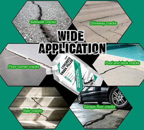 Heavy Duty Concrete Crack Filler And Self Leveling Cement Sealant Kit For Driveway Fixes That Hit Different Featuring Quick Drying Formula applied on various cracked concrete surfaces.