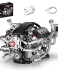 Mini V8 Engine Model Kit That Runs With 770 Piece Motorized Build Set And Lights, realistic pistons and crankshaft shown