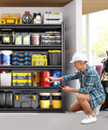 Beefy Heavy Duty Metal Garage Shelving Unit With Five Adjustable Shelves Stands 71.2 Inches Tall, 35.4 Inches Wide, 15.7 Inches Deep For Heavy Load Storage In Garage, Shop, Or Warehouse. black steel shelving loaded in a garage