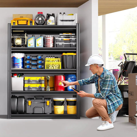 Beefy Heavy Duty Metal Garage Shelving Unit With Five Adjustable Shelves Stands 71.2 Inches Tall, 35.4 Inches Wide, 15.7 Inches Deep For Heavy Load Storage In Garage, Shop, Or Warehouse. black steel shelving loaded in a garage