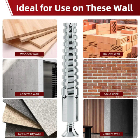 Heavy Duty Door Hinge Repair Screws With Expanding Drywall Anchors image showcasing use on various wall types.