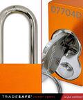 Close-up of Lockout Tagout Locks Set, Ten Orange LOTO Padlocks Keyed Alike, showing shackle and keys, OSHA compliant.