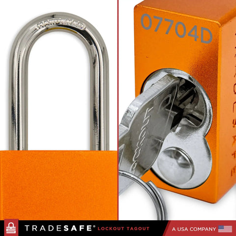 Close-up of Lockout Tagout Locks Set, Ten Orange LOTO Padlocks Keyed Alike, showing shackle and keys, OSHA compliant.
