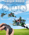 Kids RC Plane Drone For Boys And Girls, Remote Control Airplane With LED Lights, 3 speed settings, flying in a park.
