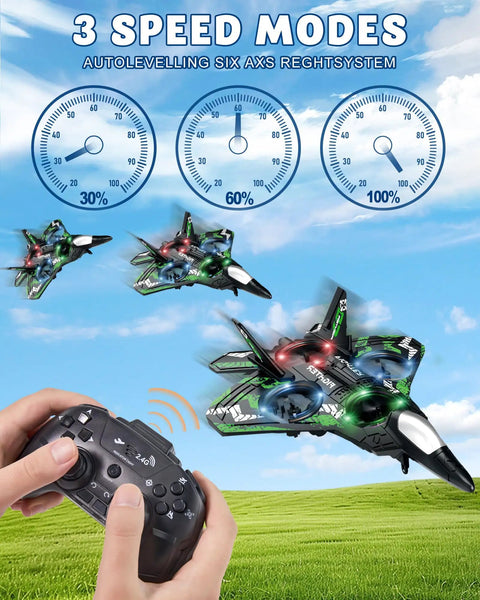 Kids RC Plane Drone For Boys And Girls, Remote Control Airplane With LED Lights, 3 speed settings, flying in a park.