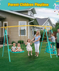 Heavy Duty Backyard Swing Set For Kids With 2 Swings, Climbing Ladder And Nets, Trapeze Bar, Soccer Goals And Basketball Hoop