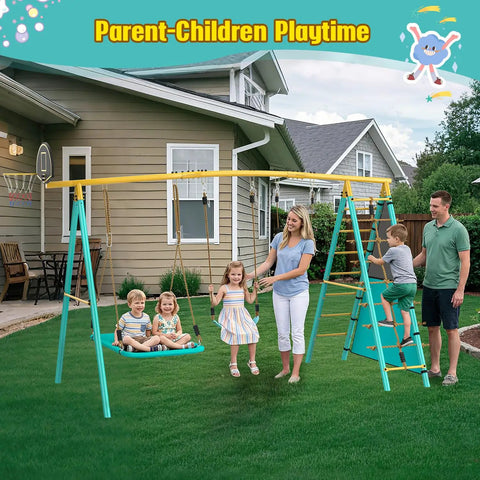 Heavy Duty Backyard Swing Set For Kids With 2 Swings, Climbing Ladder And Nets, Trapeze Bar, Soccer Goals And Basketball Hoop