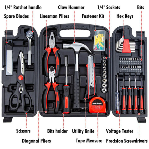 All-In-One 140-Piece Home Tool Set For DIY And Home Repairs With Organized Storage Case Including Tools like Hammer and Pliers