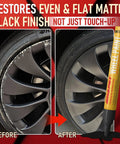Before and after of alloy wheel using Hassle Free Wheel Scratch And Curb Rash Repair Kit Matte Black Rim Paint Pen.