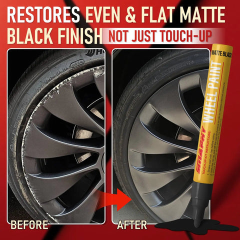 Before and after of alloy wheel using Hassle Free Wheel Scratch And Curb Rash Repair Kit Matte Black Rim Paint Pen.