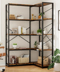 Straight Up Solid Five Tier Corner Bookshelf L Shaped Large Bookcase Rustic Brown Open Shelving Unit in living room corner.