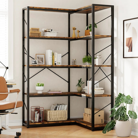 Straight Up Solid Five Tier Corner Bookshelf L Shaped Large Bookcase Rustic Brown Open Shelving Unit in living room corner.