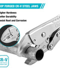 Close-up of 7 Inch Locking Pliers with Curved Jaw and Wire Cutter, Premium Cr-V Steel for tough clamping on a metal pipe