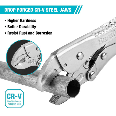 Close-up of 7 Inch Locking Pliers with Curved Jaw and Wire Cutter, Premium Cr-V Steel for tough clamping on a metal pipe