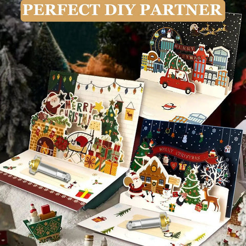 Scoring Wheel Tool Set Bundle for card making and 3D home decor with Merry Christmas themed pop-up cards.