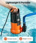Rock Solid Submersible Water Pump 1 Horsepower 4300 Gallons Per Hour in water, highlighting portable handle and weight of 9.9 lbs.