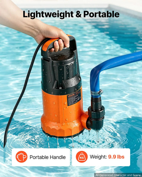 Rock Solid Submersible Water Pump 1 Horsepower 4300 Gallons Per Hour in water, highlighting portable handle and weight of 9.9 lbs.