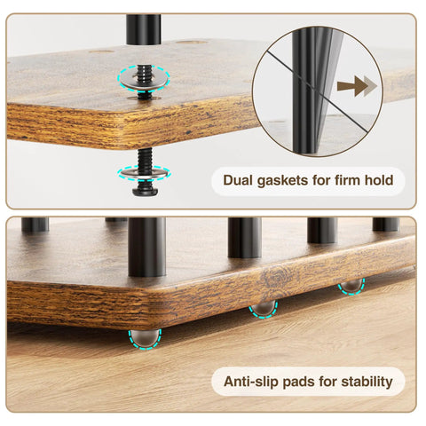 Close-up of 8 Pair Boot Rack and Shoe Organizer with wood base, dual gaskets, and anti-slip pads for stability.