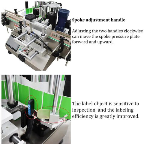 Close-up of the spoke adjustment handle on the Hassle Free Automatic Desktop Conveyor Round Bottle Labeler 110V.