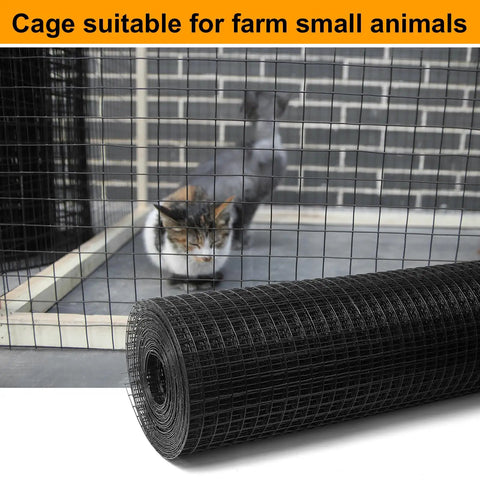 Heavy Duty 17 Gauge Black Vinyl Coated Hardware Cloth 1x48x100Ft rolled next to a small animal cage for secure farming.