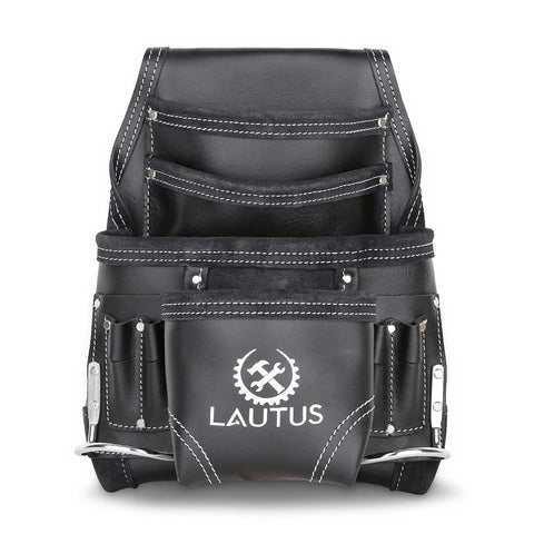 Oil Tanned Leather Tool Pouch Bag For Carpenters And Handymen With 10 Pockets And 2 Hammer Holders, front view