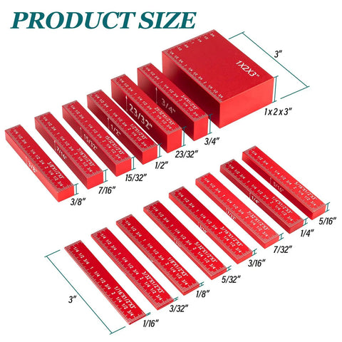 15 Piece Setup Block Set for Woodworking, Pro Grade Aluminum Height Gauges for Router and Table Saw shown with dimensions
