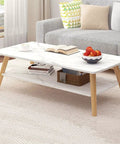 Rustic Vintage Industrial Rectangle Coffee Table With Double Layer Open Storage Shelf For Living Room on a textured rug.