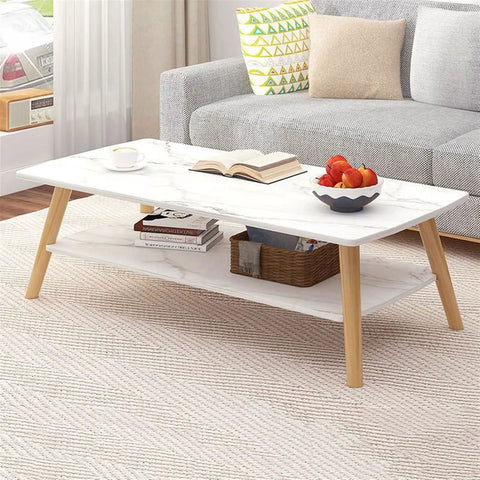 Rustic Vintage Industrial Rectangle Coffee Table With Double Layer Open Storage Shelf For Living Room on a textured rug.