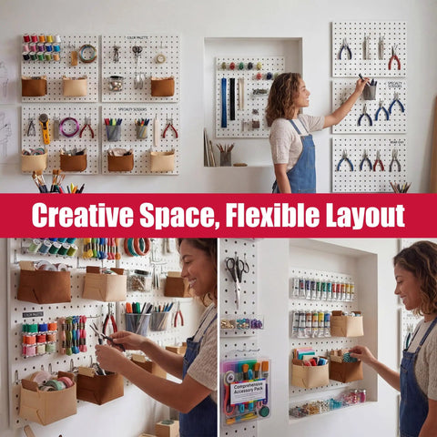 Metal Pegboard Organizer Set 4 Pack White Wall Pegboards With 50 Hooks And Baskets Built Tough For Office Craft Room Garage Sewing Room 300 Lb Capacity Rust Free No Sag Mounting System displayed on wall.