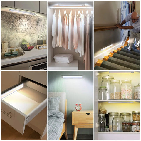 Collage showing 96 LED Motion Sensor Under Cabinet Lights 2 Pack illuminating kitchen, closet, hallway, drawer, and bedside.