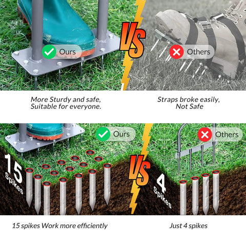 Comparison of manual lawn aerator spike tool with 15 iron spikes on a shoe vs 4 spikes, highlighting durability and efficiency.