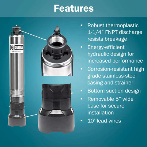 Heavy Duty Workhorse One Half Horsepower 115 Volt Submersible Cistern Effluent Pump with stainless steel casing and bottom suction design.