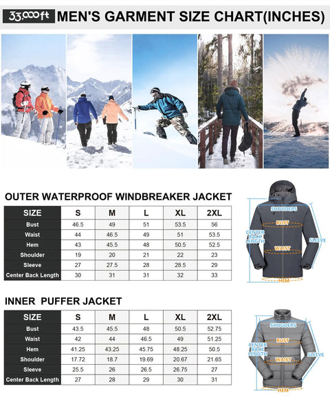 Versatile 3-In-1 Waterproof Windproof Ski Jacket For Men With Removable Puffer Liner size chart with outdoor activities
