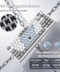 Tri Mode Wireless Mechanical Gaming Keyboard Hot Swap Linear Switches Bluetooth Two Point Four G And Usb C Eight Thousand Mah Battery showing hot swappable sockets.