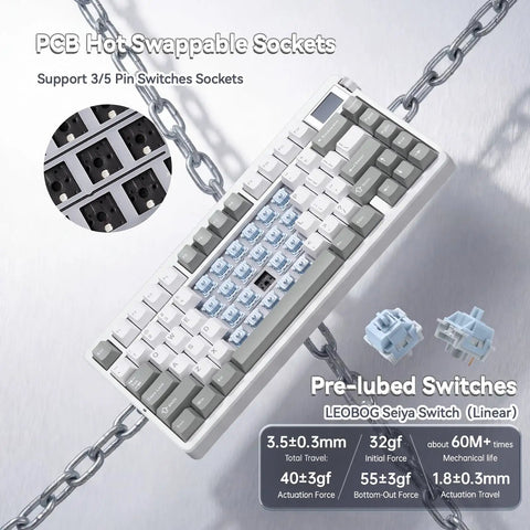 Tri Mode Wireless Mechanical Gaming Keyboard Hot Swap Linear Switches Bluetooth Two Point Four G And Usb C Eight Thousand Mah Battery showing hot swappable sockets.