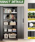 72 Inch Black Steel Garage Storage Cabinet With Doors And Adjustable Shelves Lockable Metal Cabinet for home organization