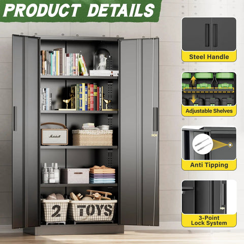 72 Inch Black Steel Garage Storage Cabinet With Doors And Adjustable Shelves Lockable Metal Cabinet for home organization