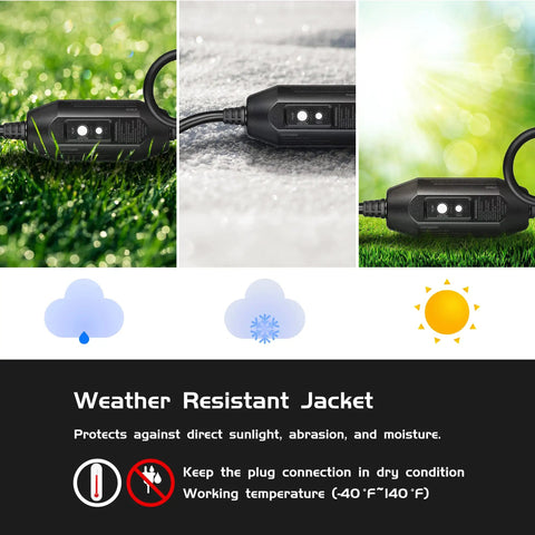 Two Pack 25 Foot Weatherproof Extension Cords With Lighted End Three Outlets Heavy Duty 12 Gauge SJTW 12/3 UL Certified Power Cords For Indoor Outdoor Use 15 Amp 3 Prong Black shown in different weather conditions.