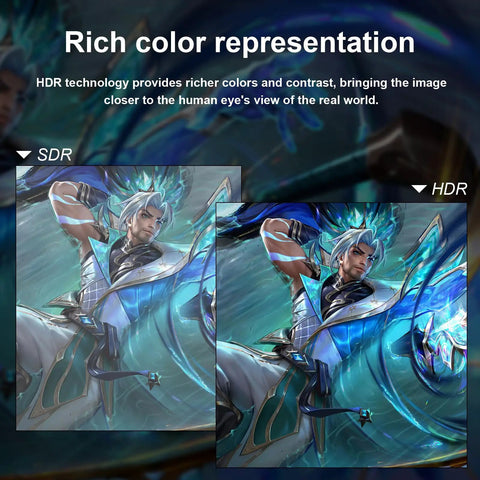 Side-by-side SDR and HDR comparison in gaming illustration with vivid colors showcasing 24 Inch FHD Computer Monitor With 100Hz Refresh Rate 1920x1080 16:9 VA Panel Ergonomic Tilt And Wall Mount Ready 75x75mm Ideal For Home Office Work And Play Smooth Visuals For Gaming And Productivity.