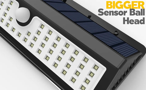 Close-up of 62 LED Solar Wall Lights with Motion Sensor Outdoor Security Lighting showing LED array and sensor ball head.