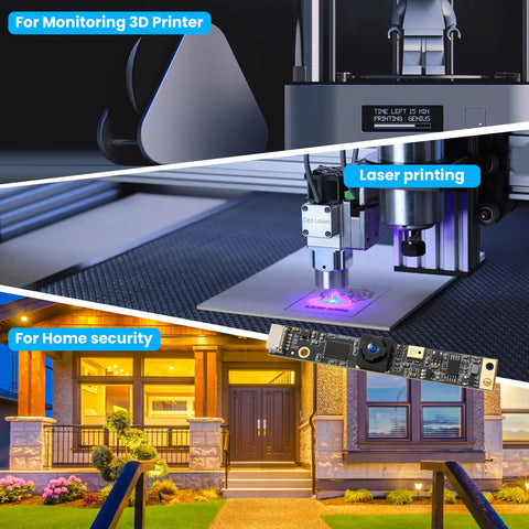 8MP USB Webcam With Microphone Crystal Clear 3264x2448 Ultra HD No Fuss 105 Degree Wide Angle Lens Plug And Play Computer Camera For LightBurn Laser Engraver Raspberry Pi Laptop And CCTV Security showing uses in 3D printing, laser engraving, and home security.