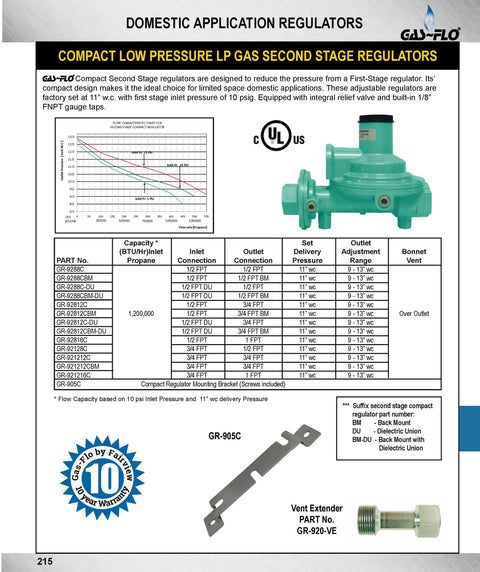 Green Fairview GR-92812C compact second-stage low-pressure propane regulator, front view.