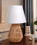 Natural Jute Rope Table Lamp With Boho Farmhouse Coastal Vibe For Bedroom Living Room Dining Room And End Table Lamp Made From Sustainable Flaxen Fabric And Natural Materials For A Cozy Night Stand Light on wooden table