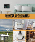 All-In-One Weather Station With 6-Inch VA Display And Outdoor Sensor monitoring multiple indoor and outdoor areas.