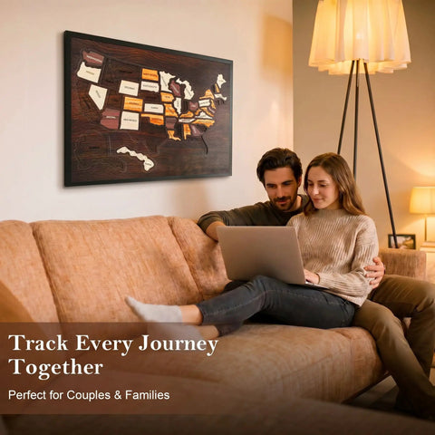 USA Travel Map Puzzle With 50 Removable State Pieces, Double Layer Engraved Wood Wall Art in room with couple on sofa