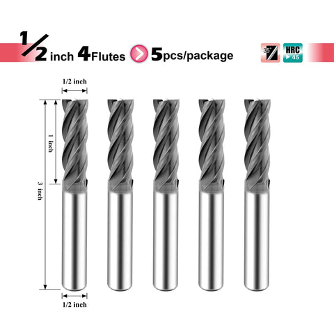 Micrograin Carbide Square End Mill Set Half Inch Shank 4 Flute 5 Pack AlTiBN Coated Milling Bits For Alloy Steels Hardened Steel
