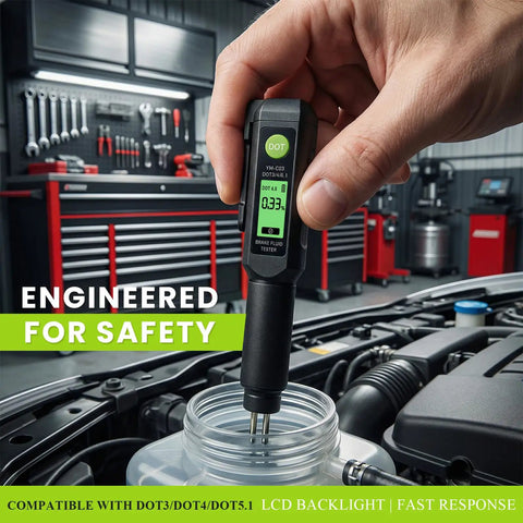 Heavy Duty Brake Fluid Tester Pen With Digital LCD Screen measuring moisture levels in brake fluid reservoir for accuracy.