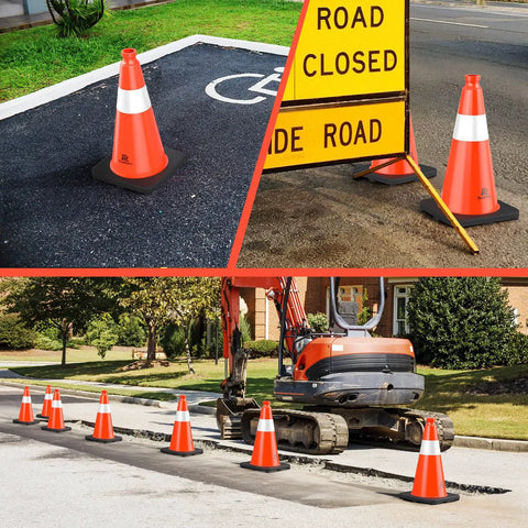 4 Pack 18 Inch Traffic Safety Cones With Heavy Duty Black Weighted Base, placed at parking lot, road closure, construction site.