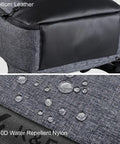 Close-up of Beast Pro Camera Backpack's bottom leather and 840D water-repellent nylon, highlighting material details.